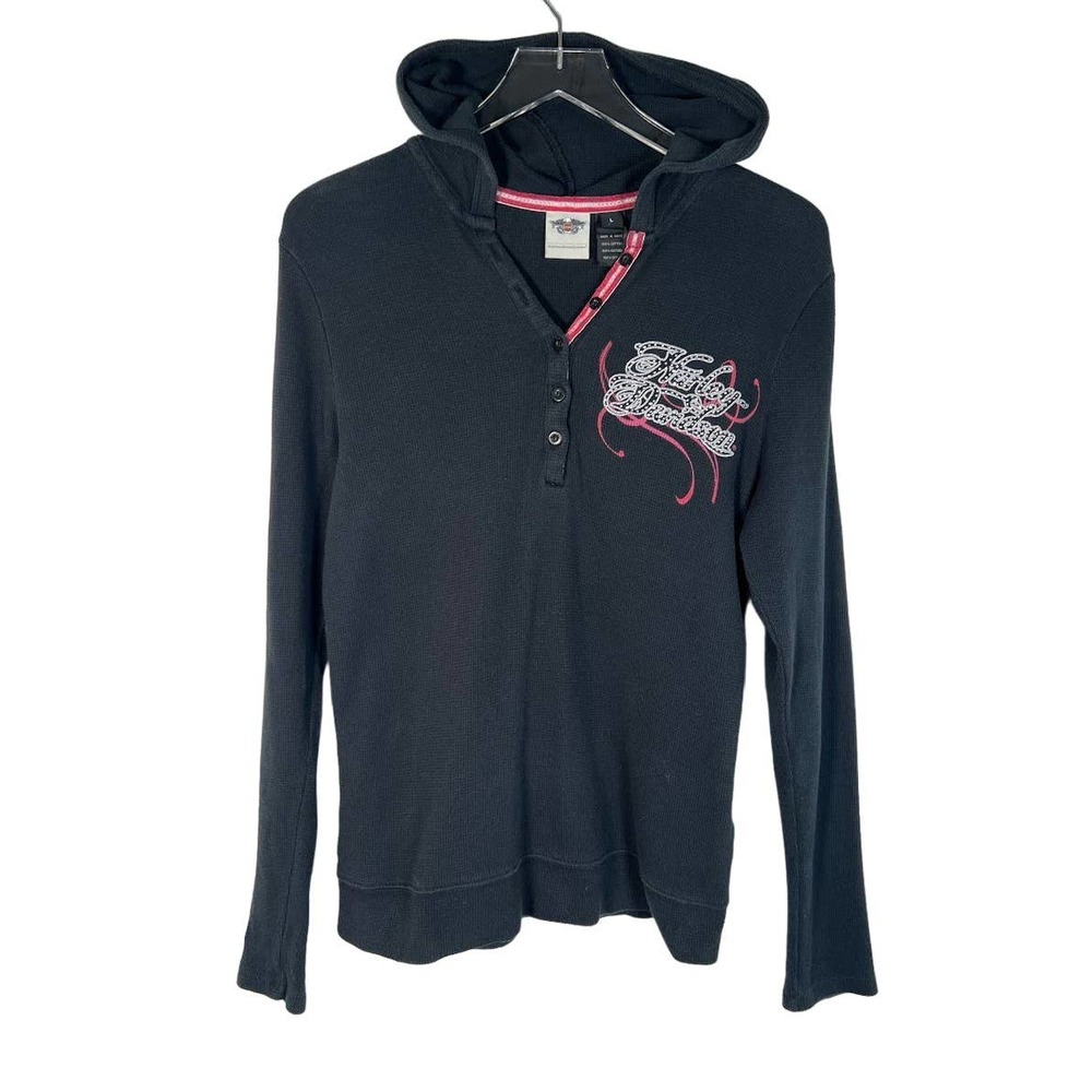 Harley Davidson Women's Long Sleeve Hoodie L Black Henley Rhinestone Bling Y2K